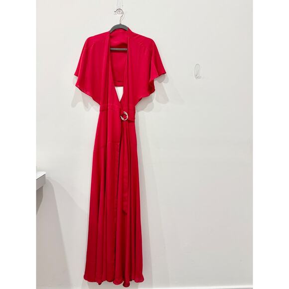 Fame And Partners Belted Layered Cape Maxi Wrap Dress Bright Red Women's Size 2 - Picture 1 of 4
